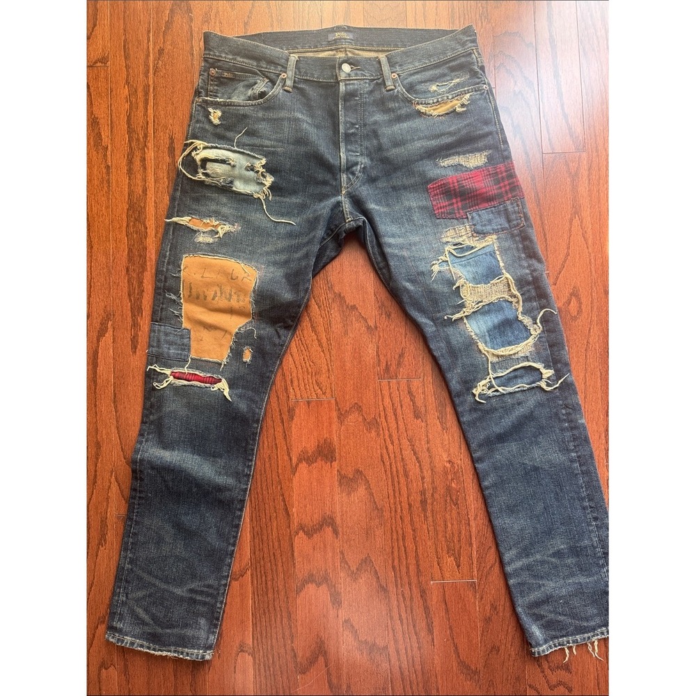 Rare Polo Ralph Lauren Sullivan Patchwork Plaid Canvas Distressed Jeans 36x32